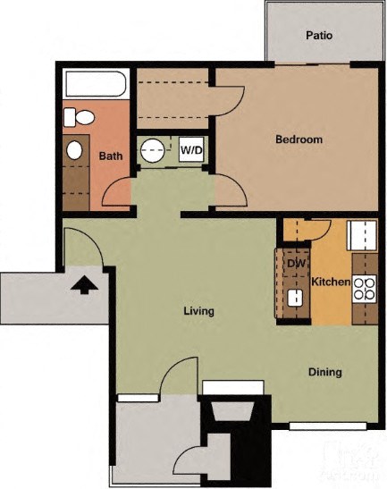 Floor plan for 1 bed, 1 bath, 658 sqft